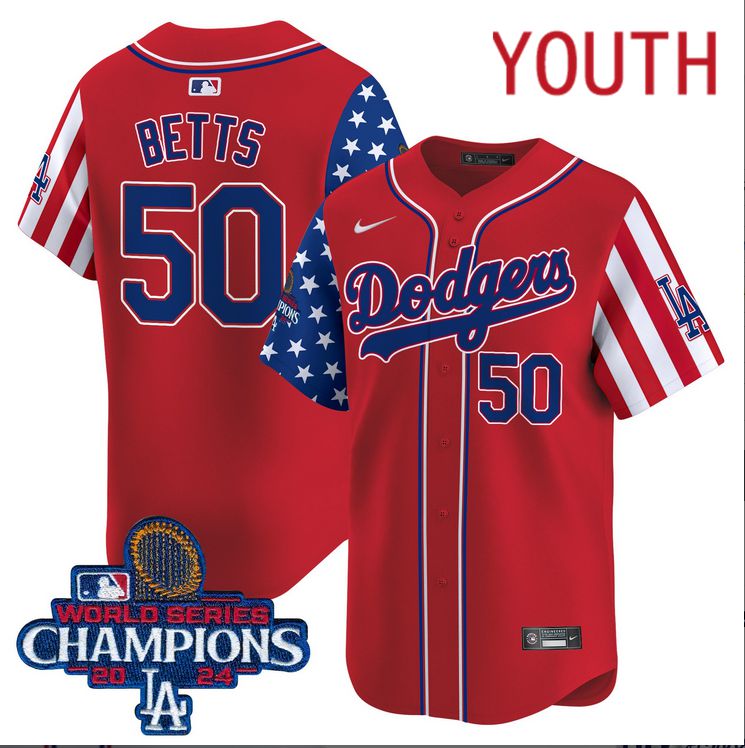 Youth  MLB Los Angeles Dodgers #50 Betts American Style red 2024 World Series Champions  Limited Jersey->youth mlb jersey->Youth Jersey